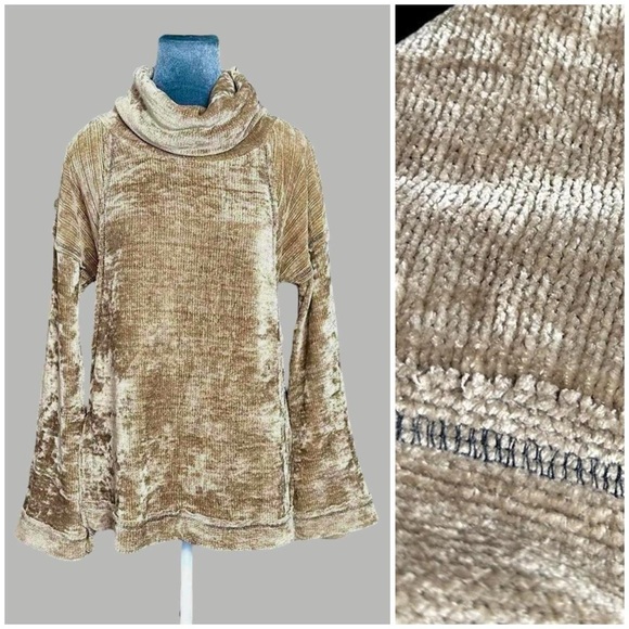 Mystree patchwork textured knit cowl neck bell sleeve soft chenille sweater S - Picture 9 of 10